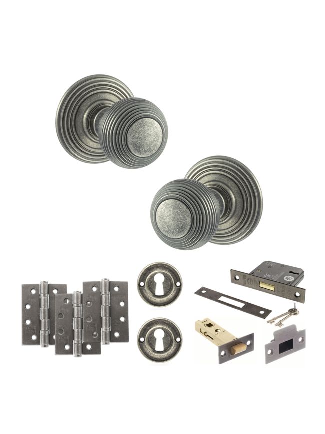 Old English Ripon Door Knob Pack (Lock Set - 3" Latch & Deadlock, 4" Fire Rated Hinges x3) - Distressed Silver