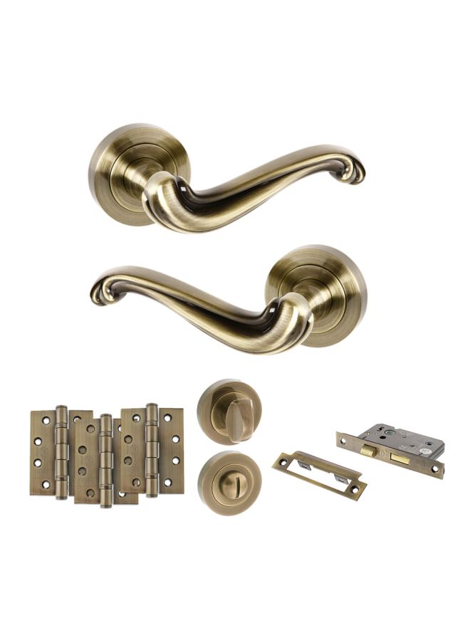 Old English Colchester Door Handle Pack (Bathroom Set - 3" CE Bathroom Lock, 4" Fire Rated Hinges x3) - Antique Brass