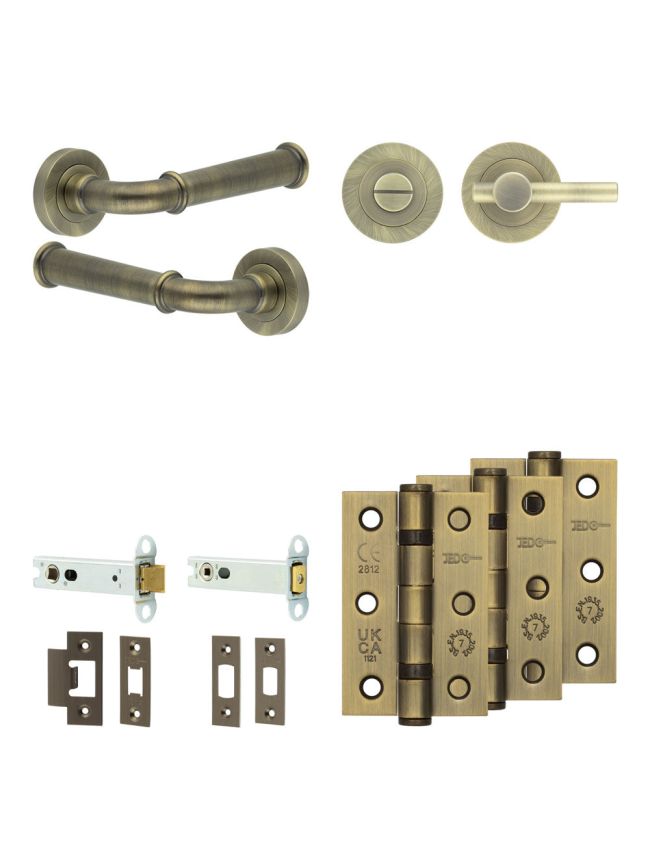 Complete Classic Door Handle Pack - Heavy Duty Tubular Bathroom (Plain Thumb Turn) - Antique Brass - 102mm / 3-inch Hinges - JE-A32B2-AB