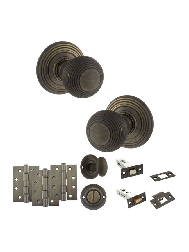 Old English Ripon Door Knob Pack (Bathroom Set - 4" Deadbolt, 4" Fire Rated Hinges x3) - Urban Bronze