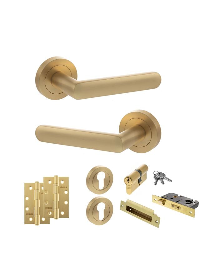 STATUS Carolina Door Handle Pack (Euro Lock Set - 3" CE Sashlock, 4" Slim Knuckle Hinges x2) - Satin Brass