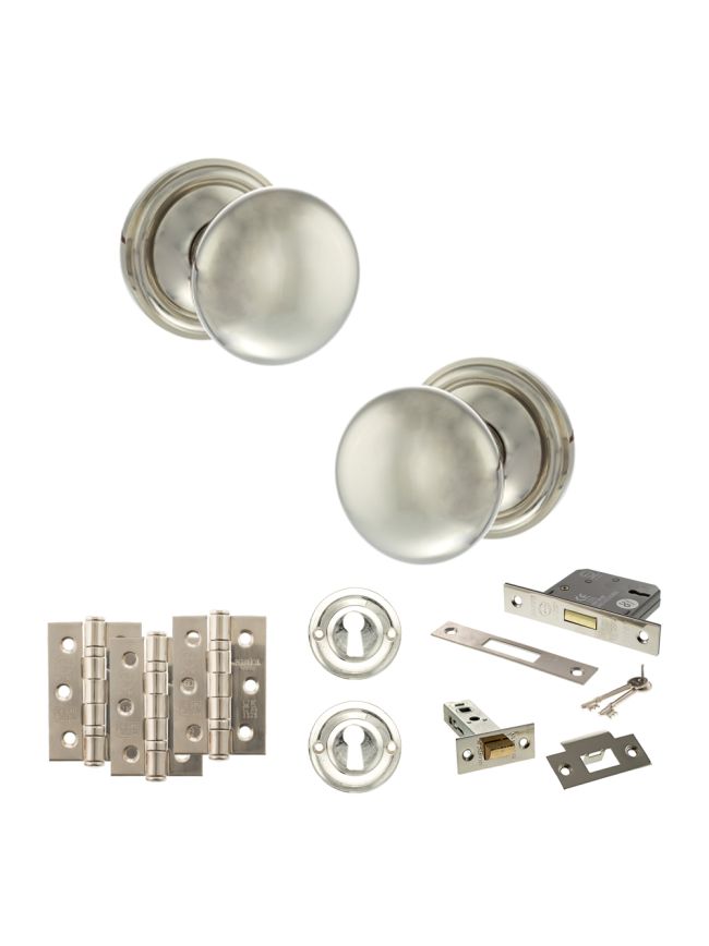 Old English Harrogate Door Knob Pack (Lock Set - 3" Latch & Deadlock, 3" Fire Rated Hinges x3) - Polished Nickel