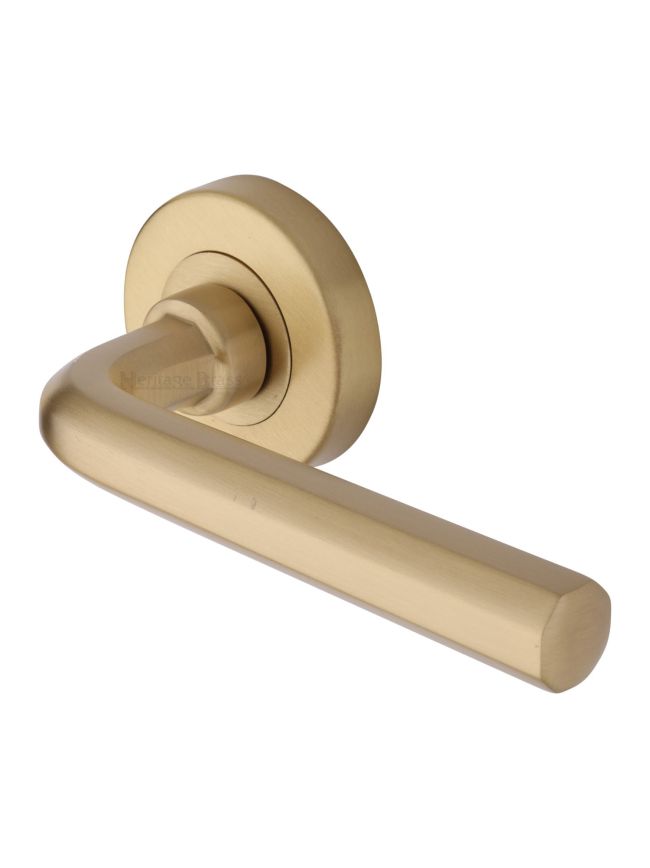 Heritage Brass Door Handle Lever Latch on Round Rose Octave Design Satin Brass finish
UK Registered Design Number 6228267