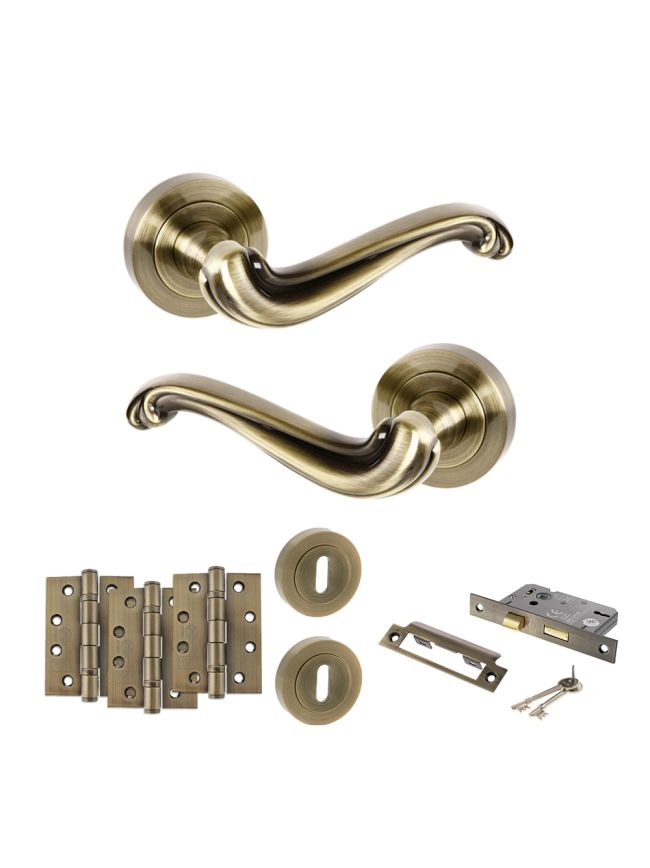 Old English Colchester Door Handle Pack (3 Lever Lock Set - 3" CE Sashlock, 4" Fire Rated Hinges x3) - Antique Brass