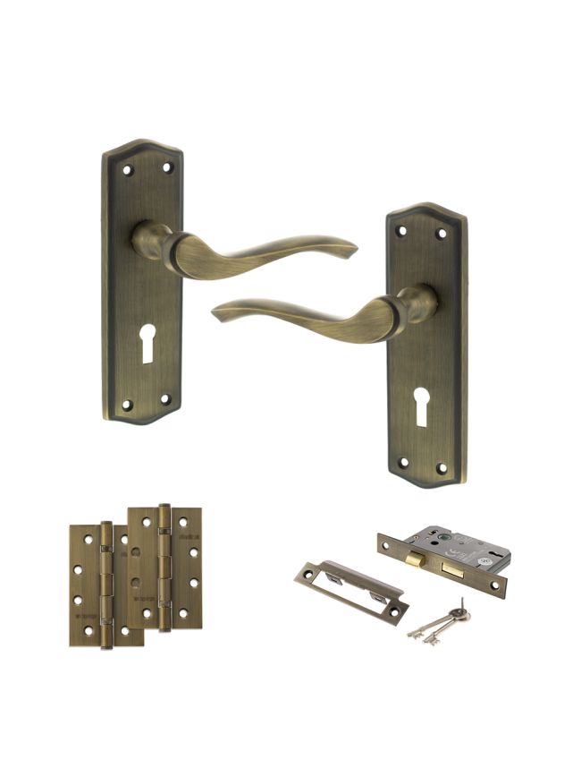 Old English Warwick Door Handle Pack (3 Lever Lock Set - 2.5" CE Sashlock, 4" Slim Knuckle Hinges x2) - Matt Antique Brass
