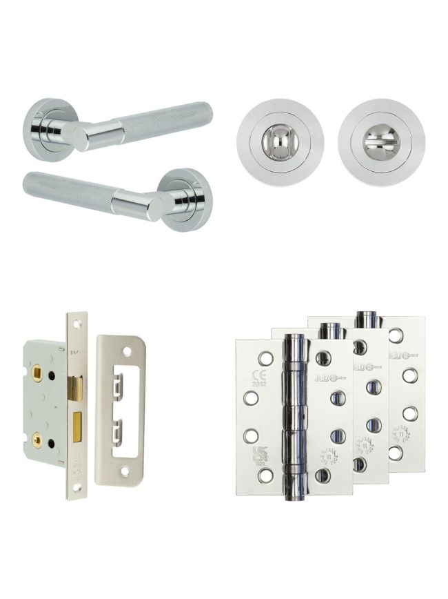 Complete Bari Door Handle Pack - Bathroom Lock (Standard Thumb Turn) - Polished Chrome - 65mm / 4-inch Hinges - JE-D5A3-PC