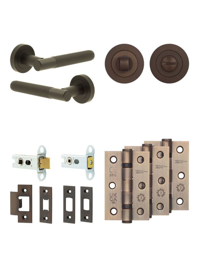 Complete Venice Door Handle Pack - Heavy Duty Tubular Bathroom (Standard Thumb Turn) - Dark Bronze - 64mm / 3-inch Hinges - JE-F30B3-DB
