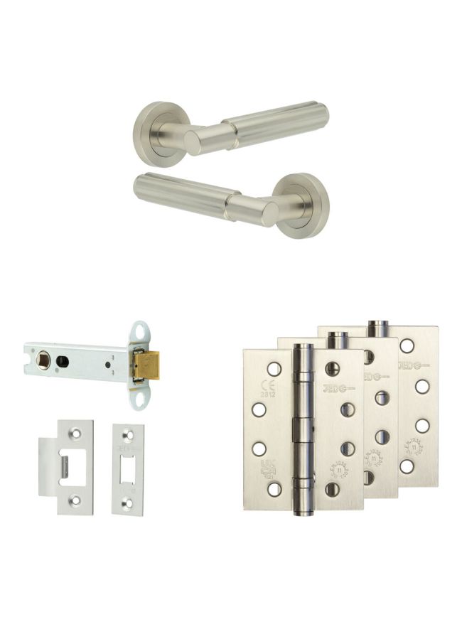 Complete Bloom Door Handle Pack - Heavy Duty Latch - Satin Nickel - 102mm / 4-inch Hinges - JE-B22A-SN