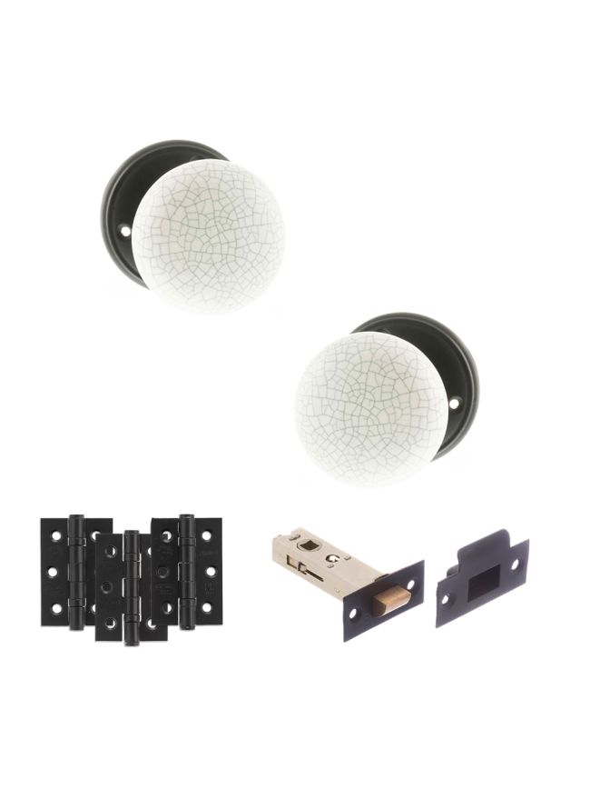 Old English Skipton Door Knob Pack (Latch Set - 4" HD Latch, 3" Fire Rated Hinges x3) - Matt Black