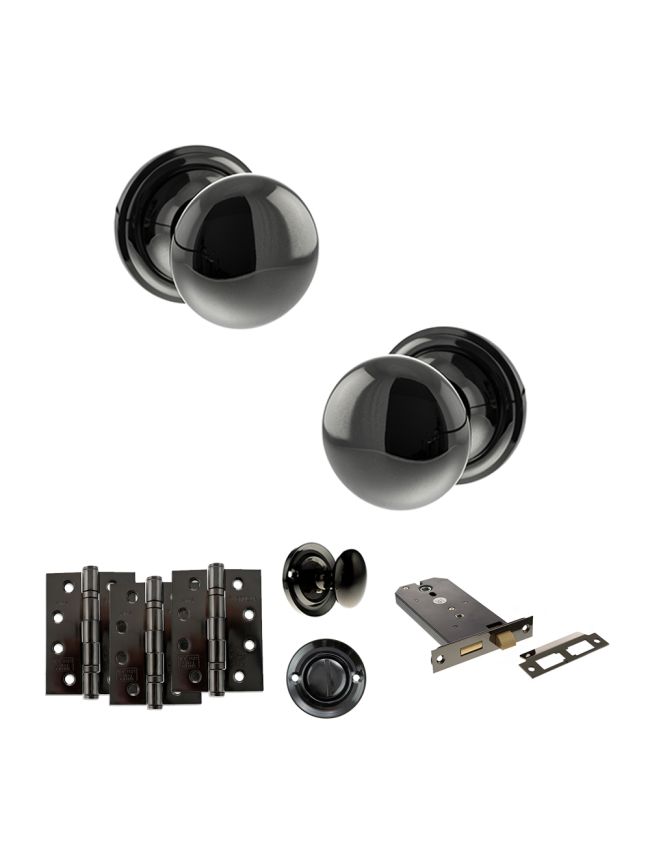 Old English Harrogate Door Knob Pack (Lock Set - Horizontal Bathlock, 4" Fire Rated Hinges x3) - Black Nickel
