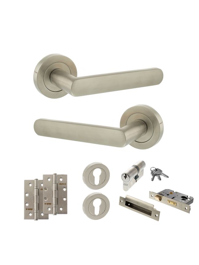 STATUS Carolina Door Handle Pack (Euro Lock Set - 3" CE Sashlock, 4" Slim Knuckle Hinges x2) - Satin Nickel