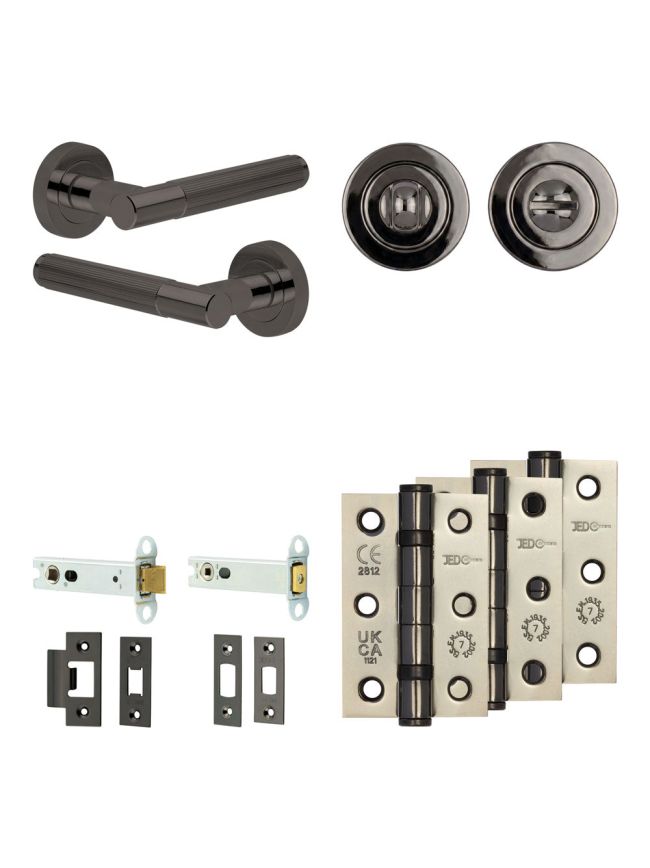 Complete Venice Door Handle Pack - Heavy Duty Tubular Bathroom (Standard Thumb Turn) - Black Nickel - 102mm / 3-inch Hinges - JE-F32B3-BN