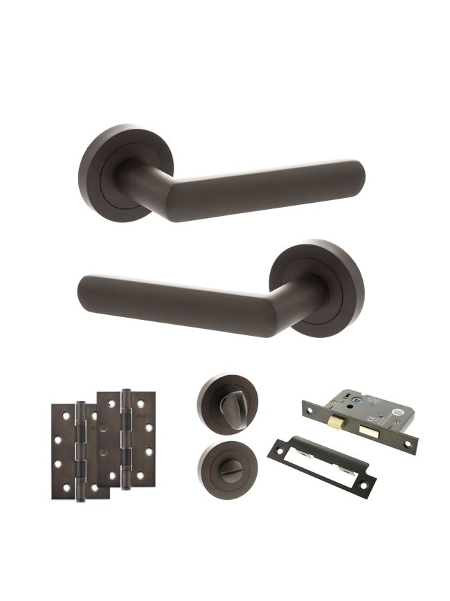 STATUS Carolina Door Handle Pack (Bathroom Set - 3" CE Bathroom Lock, 4" Slim Knuckle Hinges x2) - Urban Dark Bronze