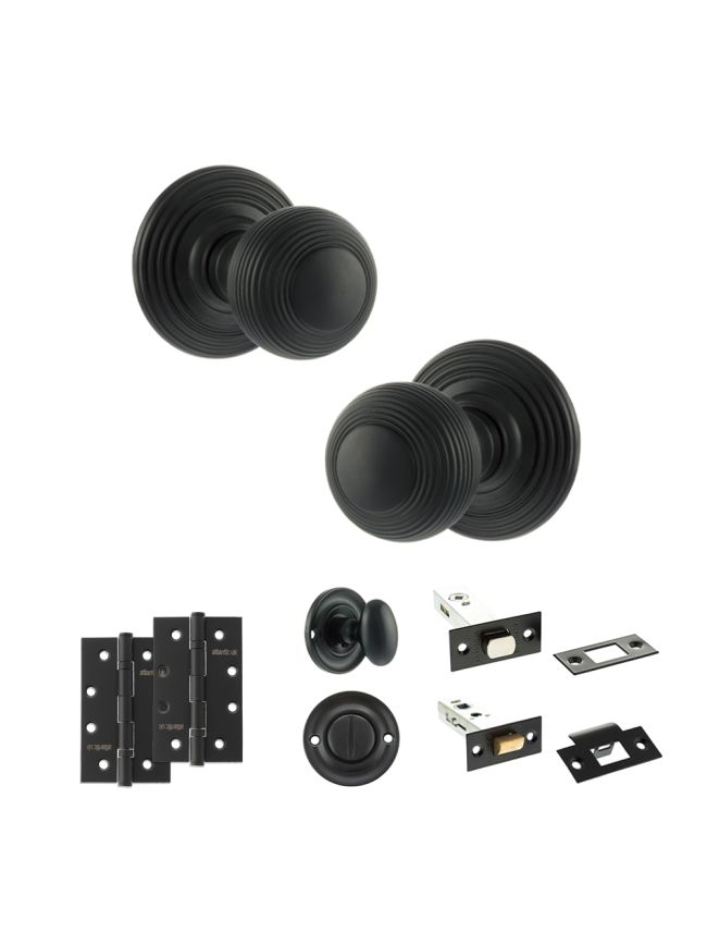 Old English Ripon Door Knob Pack (Bathroom Set - 4" Deadbolt, 4" Slim Knuckle Hinges x2) - Matt Black