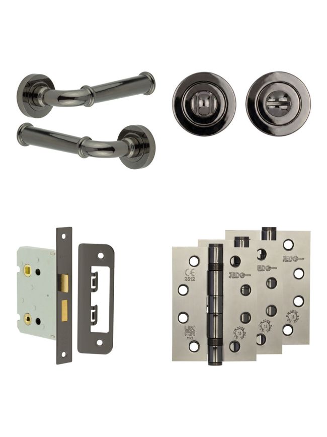 Complete Classic Door Handle Pack - Bathroom Lock (Standard Thumb Turn) - Black Nickel - 76mm / 4-inch Hinges - JE-A6A3-BN