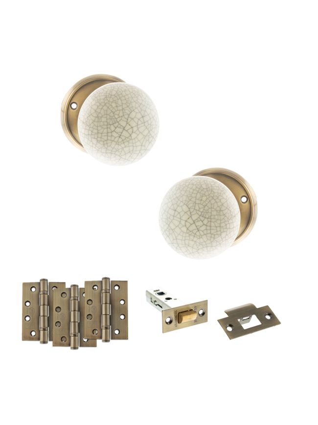 Old English Skipton Door Knob Pack (Latch Set - 3" HD Latch, 4" Fire Rated Hinges x3) - Antique Brass