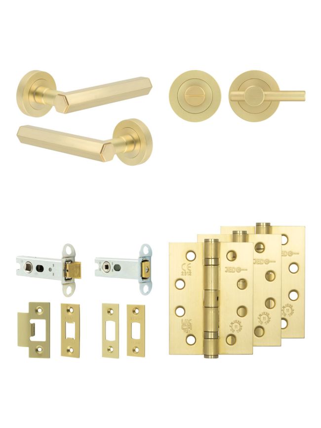 Complete Hex Door Handle Pack - Heavy Duty Tubular Bathroom (Plain Thumb Turn) - Satin Brass - 76mm / 4-inch Hinges - JE-C31A2-SB