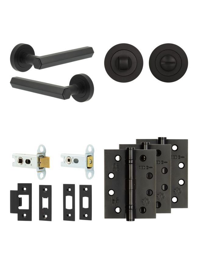 Complete Hex Door Handle Pack - Heavy Duty Tubular Bathroom (Standard Thumb Turn) - Matt Black - 64mm / 4-inch Hinges - JE-C30A3-MB