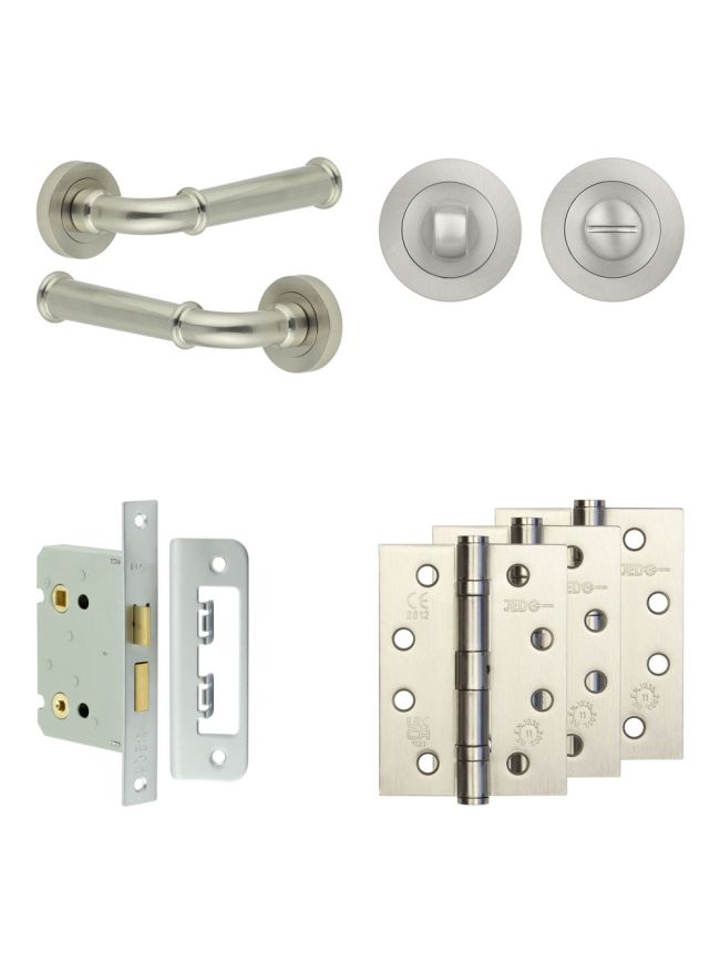 Complete Classic Door Handle Pack - Bathroom Lock (Standard Thumb Turn) - Satin Nickel - 76mm / 4-inch Hinges - JE-A6A3-SN