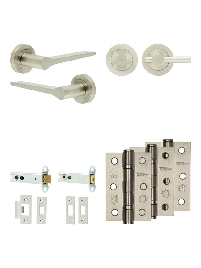 Complete Gio Door Handle Pack - Heavy Duty Tubular Bathroom (Plain Thumb Turn) - Satin Nickel - 102mm / 3-inch Hinges - JE-E32B2-SN