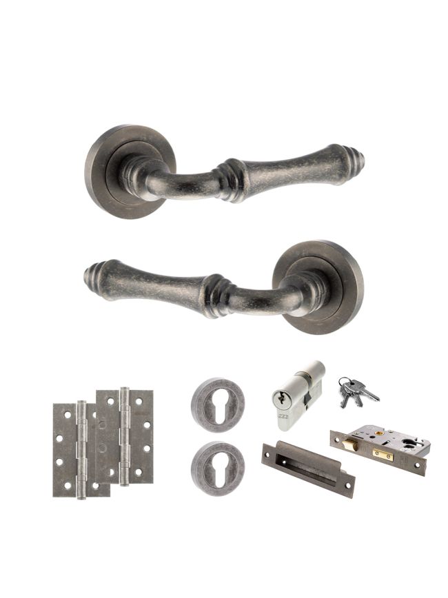 Old English Durham Door Handle Pack (Euro Lock Set - 2.5" CE Sashlock, 4" Slim Knuckle Hinges x2) - Distressed Silver