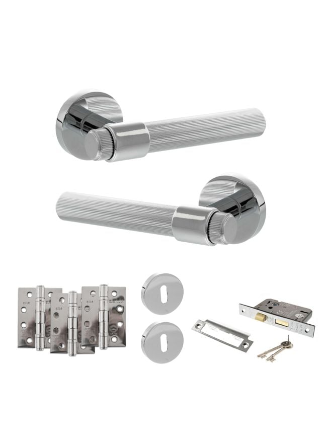 Senza Pari Fasana Door Handle Pack (3 Lever Lock Set - 3" CE Sashlock, 4" Fire Rated Hinges x3) - Polished Chrome