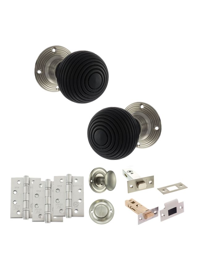 Old English Whitby Door Knob Pack (Bathroom Set - 3" Deadbolt, 4" Fire Rated Hinges x3) - Satin Nickel