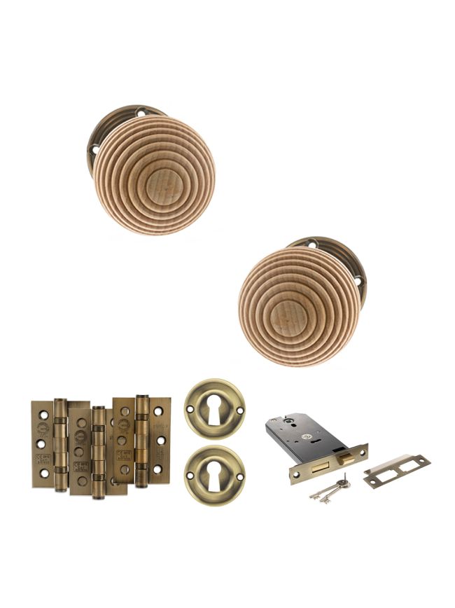 Old English Bridlington Door Knob Pack (Lock Set - Horizontal Sashlock, 3" Fire Rated Hinges x3) - Antique Brass