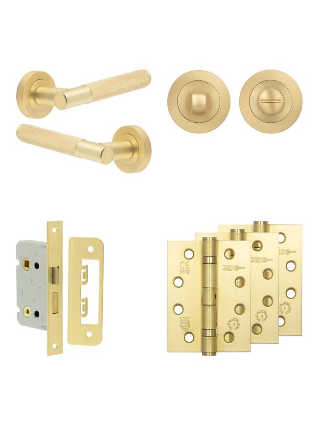 Complete Bari Door Handle Pack - Bathroom Lock (Standard Thumb Turn) - Satin Brass - 65mm / 4-inch Hinges - JE-D5A3-SB