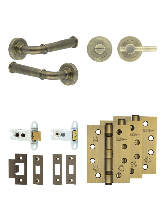 Complete Classic Door Handle Pack - Heavy Duty Tubular Bathroom (Plain Thumb Turn) - Antique Brass - 64mm / 4-inch Hinges - JE-A30A2-AB