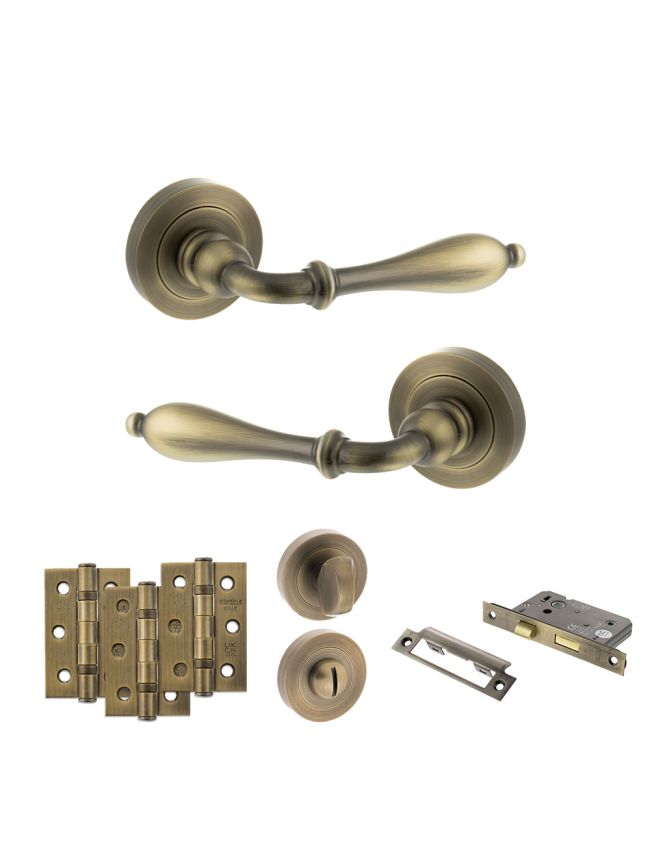 Old English Wrexham Door Handle Pack (Bathroom Set - 3" CE Bathroom Lock, 3" Fire Rated Hinges x3) - Matt Antique Brass