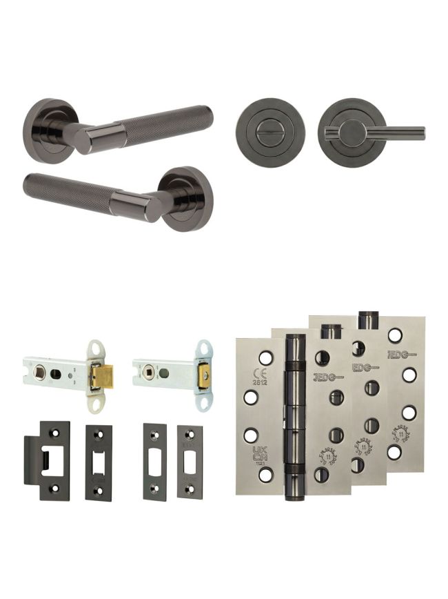 Complete Bari Door Handle Pack - Heavy Duty Tubular Bathroom (Plain Thumb Turn) - Black Nickel - 76mm / 4-inch Hinges - JE-D31A2-BN