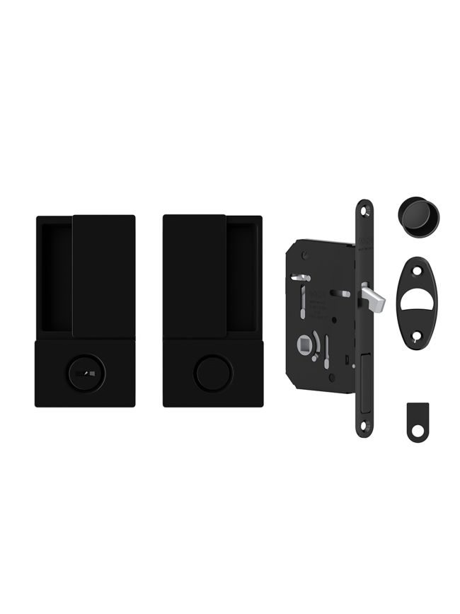 AGB Wave Flush Pocket Door Handle & Bathroom Lock Set - Matt Black