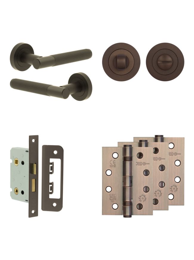 Complete Venice Door Handle Pack - Bathroom Lock (Standard Thumb Turn) - Dark Bronze - 65mm / 4-inch Hinges - JE-F5A3-DB