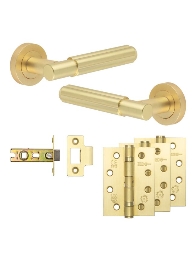 Complete Bloom Door Handle Pack - Internal Doors - Satin Brass - 64mm / 4-inch Hinges - JE-B1A-SB