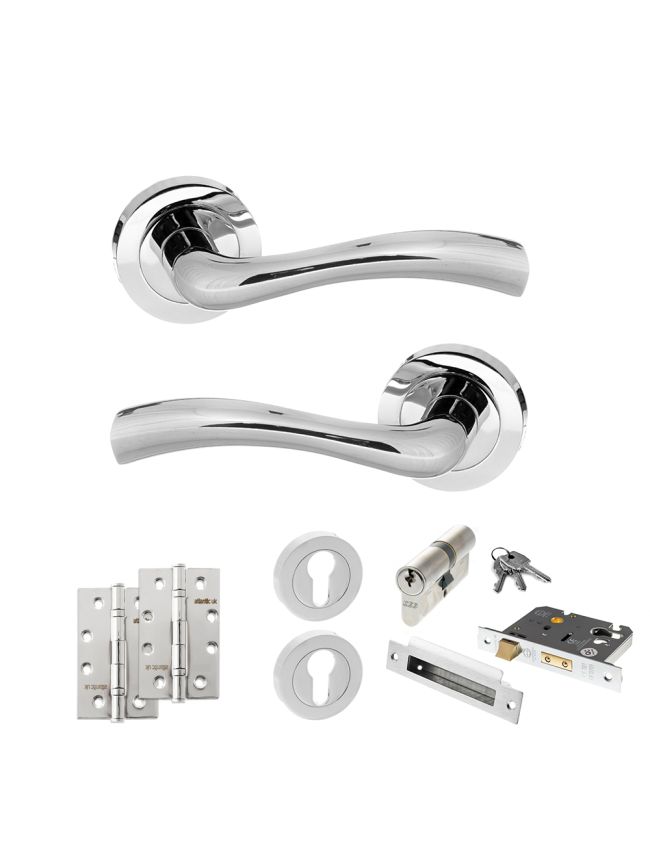 STATUS Texas Door Handle Pack (Euro Lock Set - 3" CE Sashlock, 4" Slim Knuckle Hinges x2) - Polished Chrome