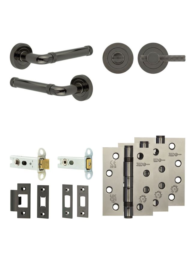Complete Midtown Door Handle Pack - Heavy Duty Tubular Bathroom (Knurled Thumb Turn) - Black Nickel - 76mm / 4-inch Hinges - JE-G31A1-BN