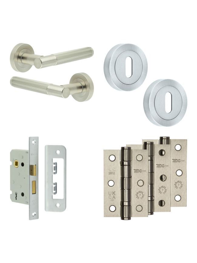 Complete Venice Door Handle Pack - Sashlock - Satin Nickel - 65mm / 3-inch Hinges - JE-F7B8-SN