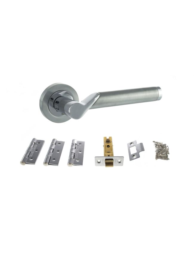 STATUS Hawaii Door Handle Pack (Latch Set - 3" CE Latch, 3" Fire Rated Hinges x3) - Satin Chrome/Polished Chrome