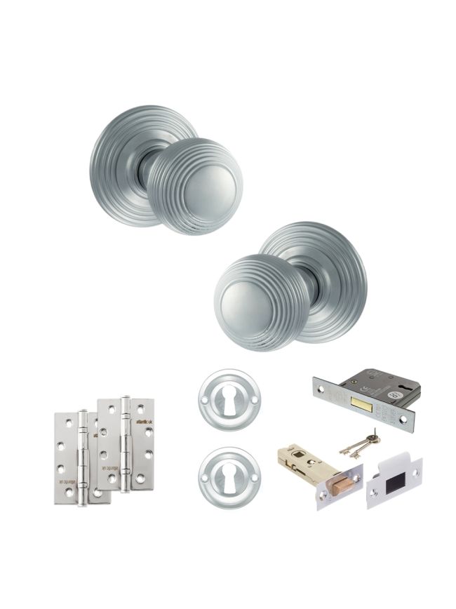 Old English Ripon Door Knob Pack (Lock Set - 3" Latch & Deadlock, 4" Slim Knuckle Hinges x2) - Satin Chrome