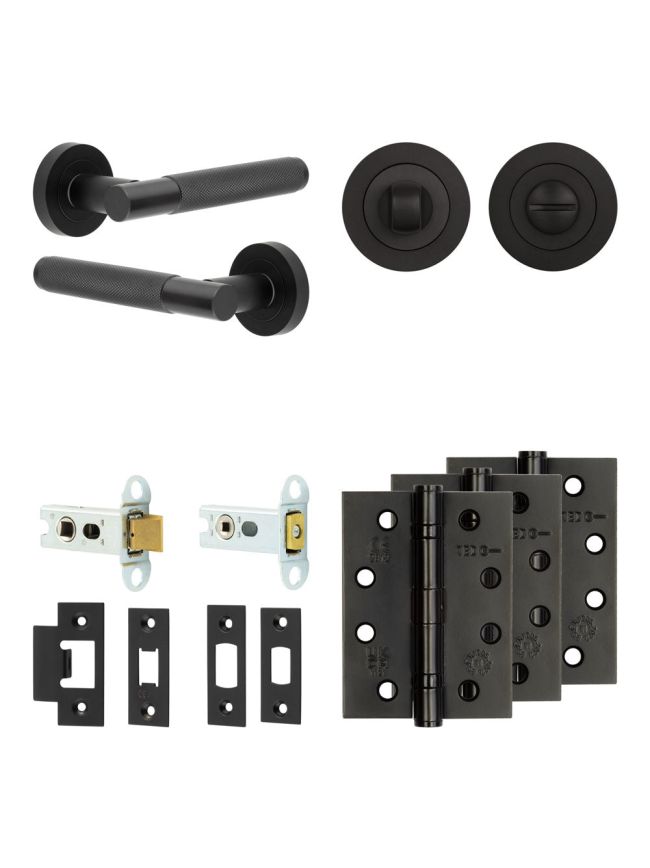 Complete Bari Door Handle Pack - Heavy Duty Tubular Bathroom (Standard Thumb Turn) - Matt Black - 64mm / 4-inch Hinges - JE-D30A3-MB