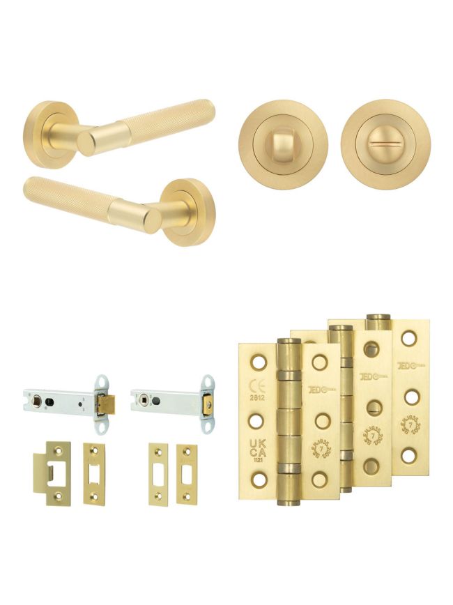 Complete Bari Door Handle Pack - Heavy Duty Tubular Bathroom (Standard Thumb Turn) - Satin Brass - 102mm / 3-inch Hinges - JE-D32B3-SB