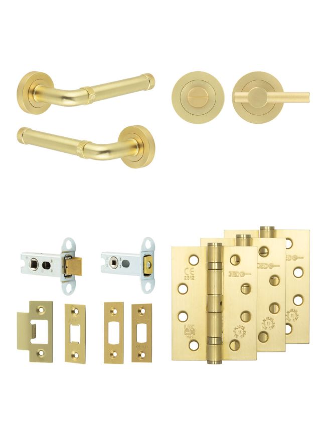 Complete Midtown Door Handle Pack - Heavy Duty Tubular Bathroom (Knurled Thumb Turn) - Satin Brass - 64mm / 4-inch Hinges - JE-G30A1-SB