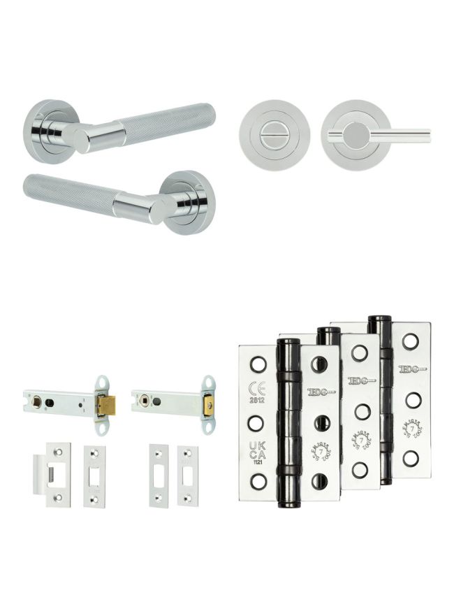 Complete Bari Door Handle Pack - Heavy Duty Tubular Bathroom (Plain Thumb Turn) - Polished Chrome - 102mm / 3-inch Hinges - JE-D32B2-PC