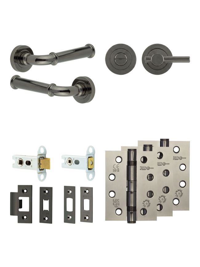 Complete Classic Door Handle Pack - Heavy Duty Tubular Bathroom (Plain Thumb Turn) - Black Nickel - 64mm / 4-inch Hinges - JE-A30A2-BN