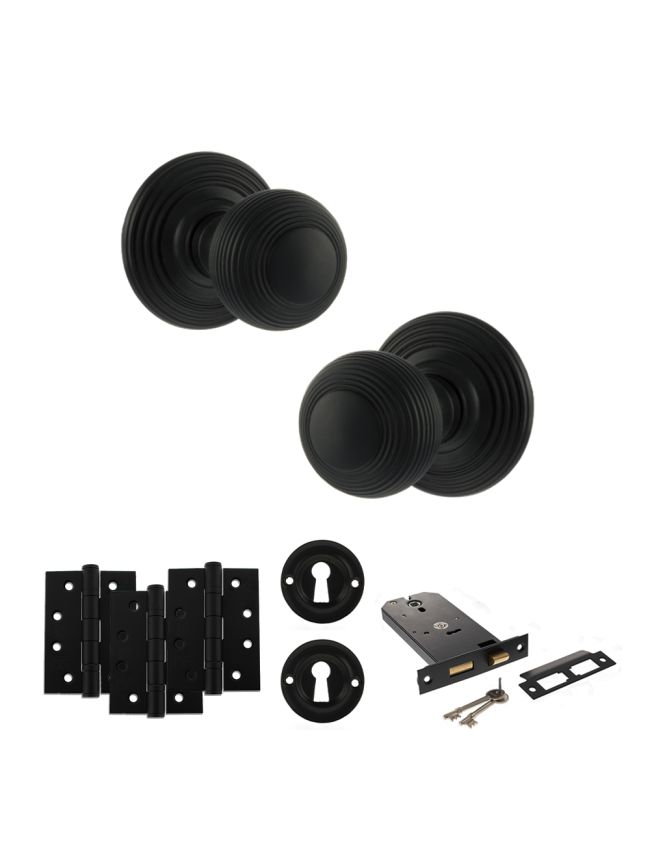 Old English Ripon Door Knob Pack (Lock Set - Horizontal Sashlock, 4" Fire Rated Hinges x3) - Matt Black