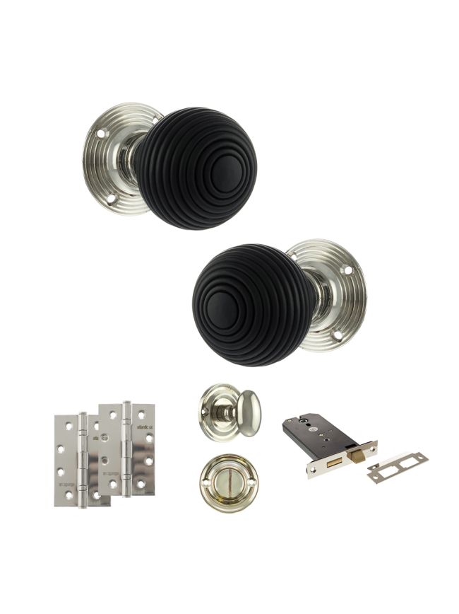 Old English Whitby Door Knob Pack (Lock Set - Horizontal Bathlock, 4" Slim Knuckle Hinges x2) - Polished Nickel