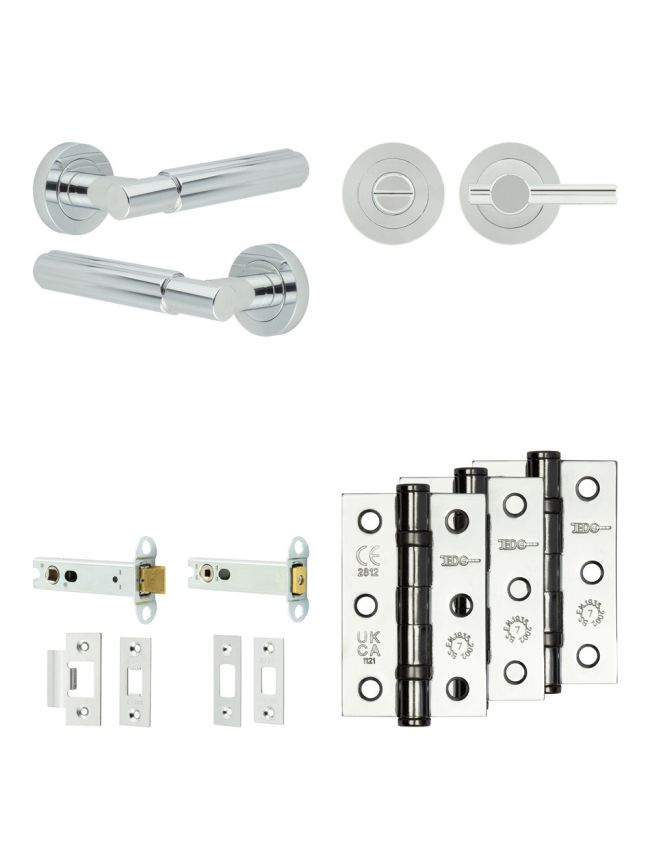 Complete Bloom Door Handle Pack - Heavy Duty Tubular Bathroom (Plain Thumb Turn) - Polished Chrome - 102mm / 3-inch Hinges - JE-B32B2-PC