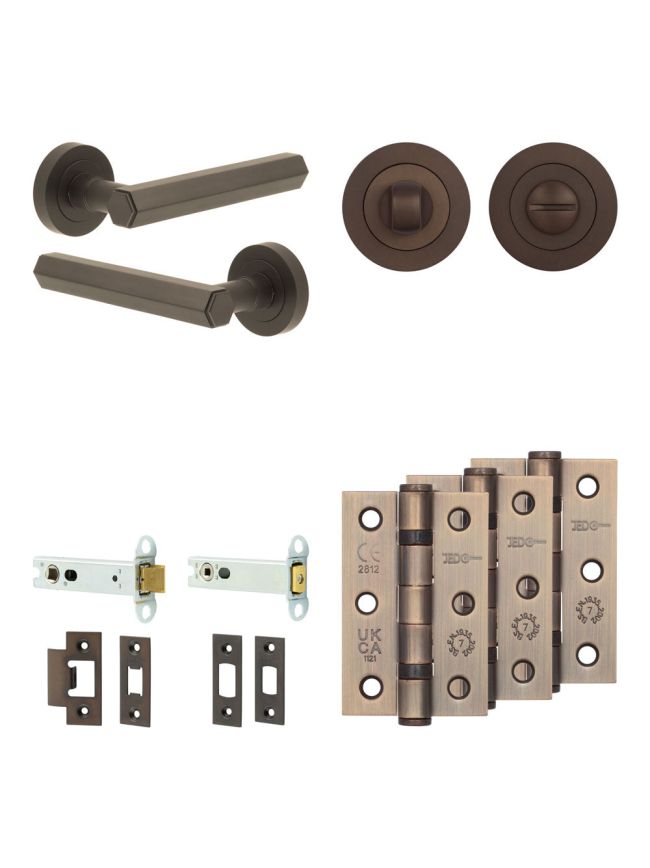 Complete Hex Door Handle Pack - Heavy Duty Tubular Bathroom (Standard Thumb Turn) - Dark Bronze - 102mm / 3-inch Hinges - JE-C32B3-DB