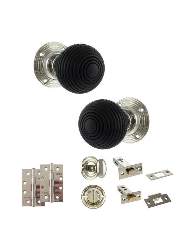 Old English Whitby Door Knob Pack (Bathroom Set - 4" Deadbolt, 4" Slim Knuckle Hinges x2) - Polished Nickel